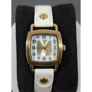 Ecclissi Womens White Leather Watch‎ Gold Tone Square Minimalist 7"